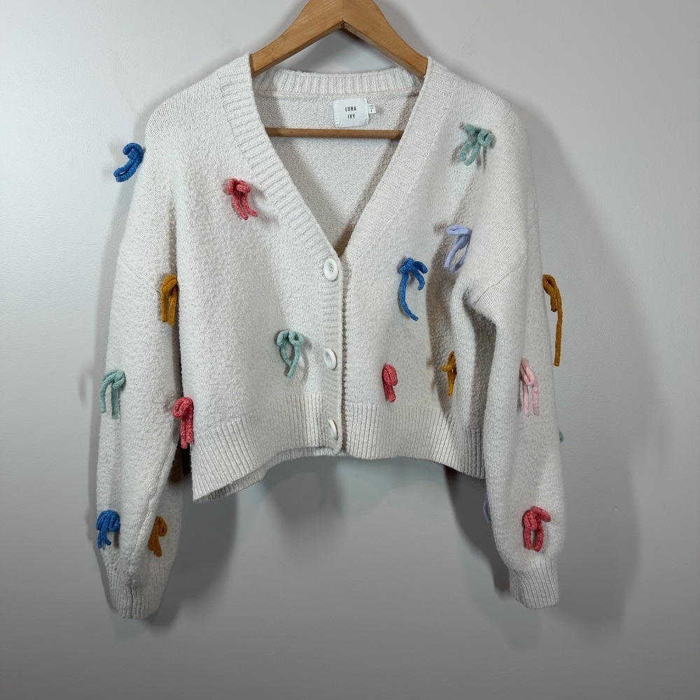 Luna‎ Ivy Cream Knit Bow Cardigan Sweater Size Small Colorful Coquette Cropped